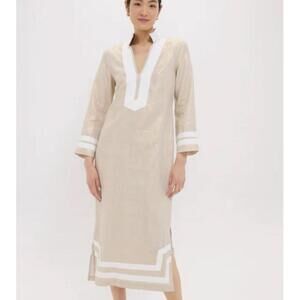 SAIL TO SABLE Maxi Tunic Caftan Dress Long Sleeve Gold White 100% Cotton Size L